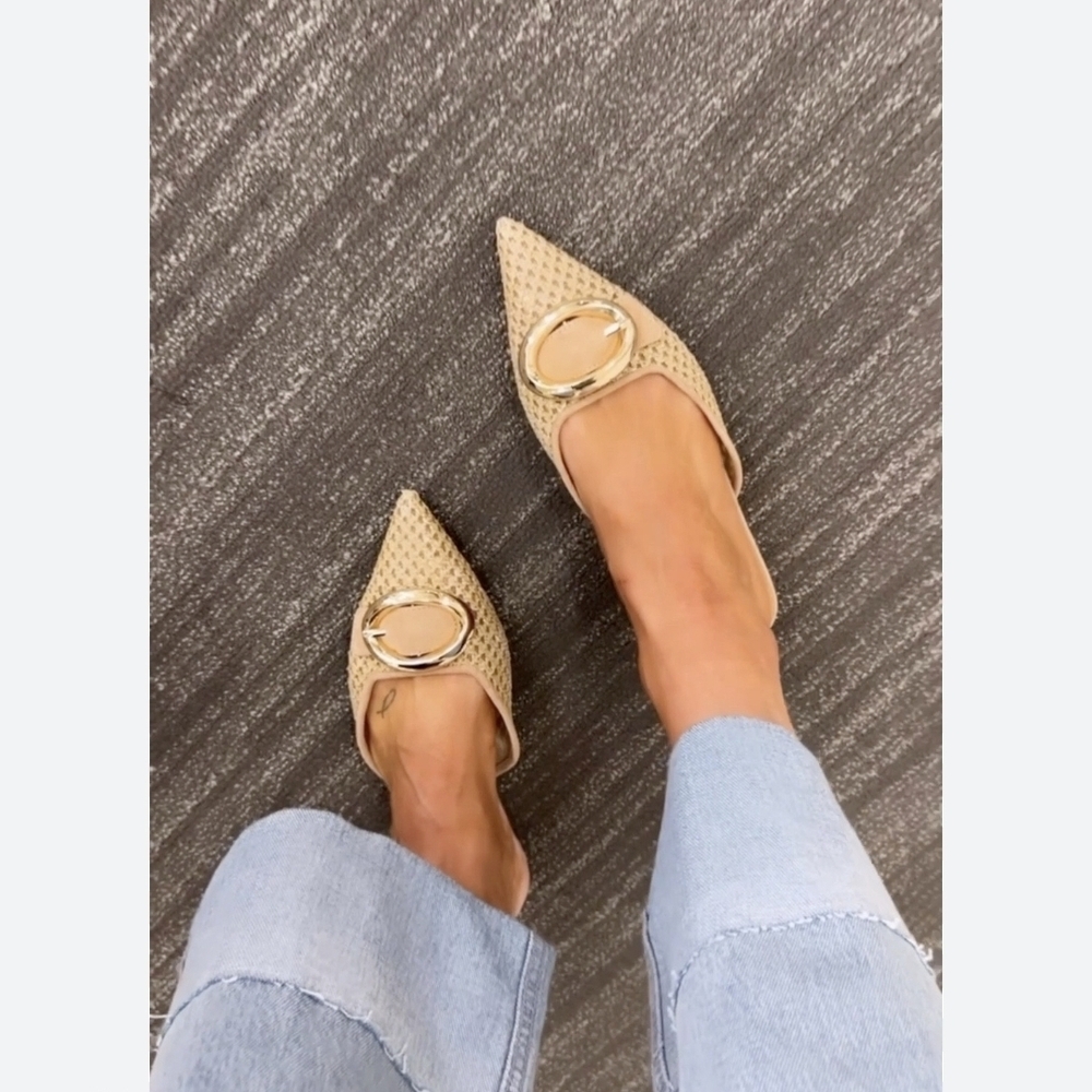 Steve Madden Beige Pointed Toe Woven Mules with Gold Buckle